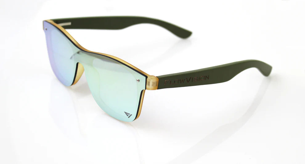 Flowvision Sergeant Sunglasses with green reflective lenses and on a white background