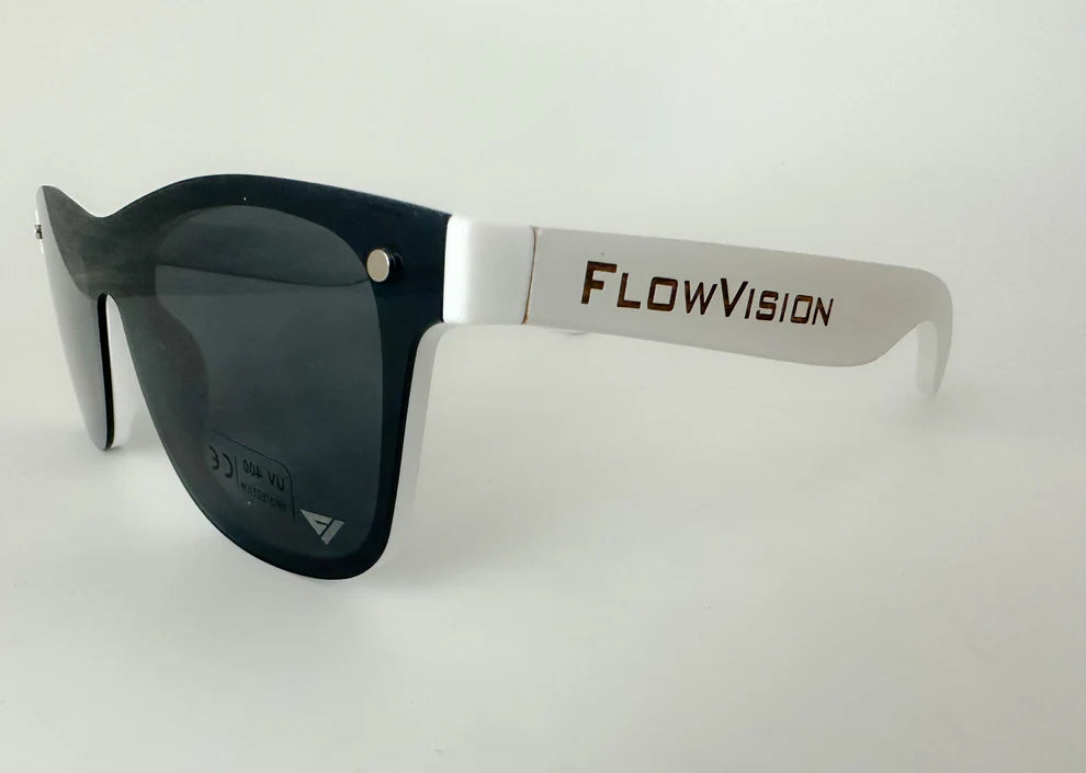 Black sunglasses with a silver frame and 'FlowVision' branding on a white background