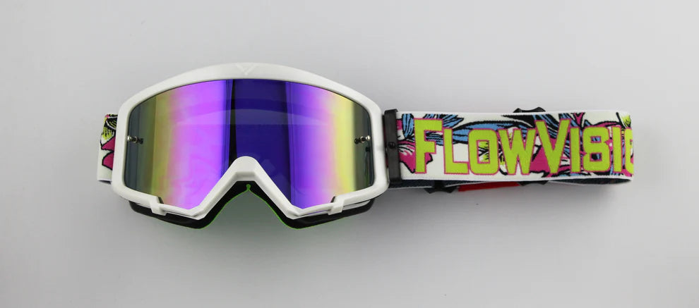 Motocross goggles with colorful strap on a gray background