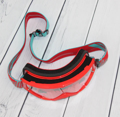Top view of red/teal Section Goggle by FlowVision Company
