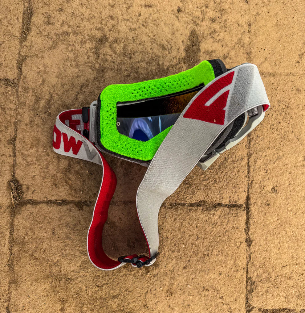 FlowVision Company "The Bullet" MX Goggles on a textured stone surface