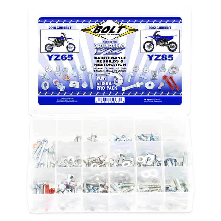 Bolt kit packaging for Yamaha YZ65 and YZ85 with visible bolts and hardware.
