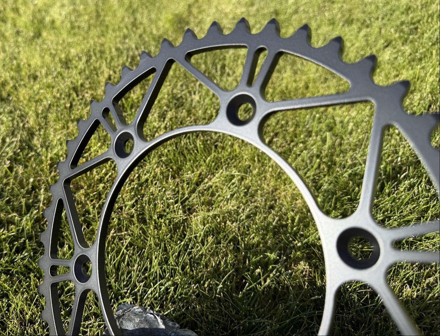 Metallic gear-like object on grass