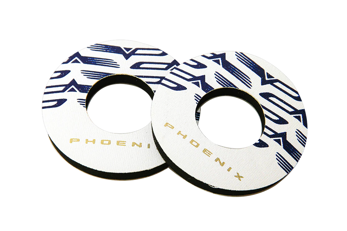 White and blue handlebar grip donuts