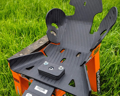 Black UHMW skid plate for Beta dirt bikes by Molecule Motorsports