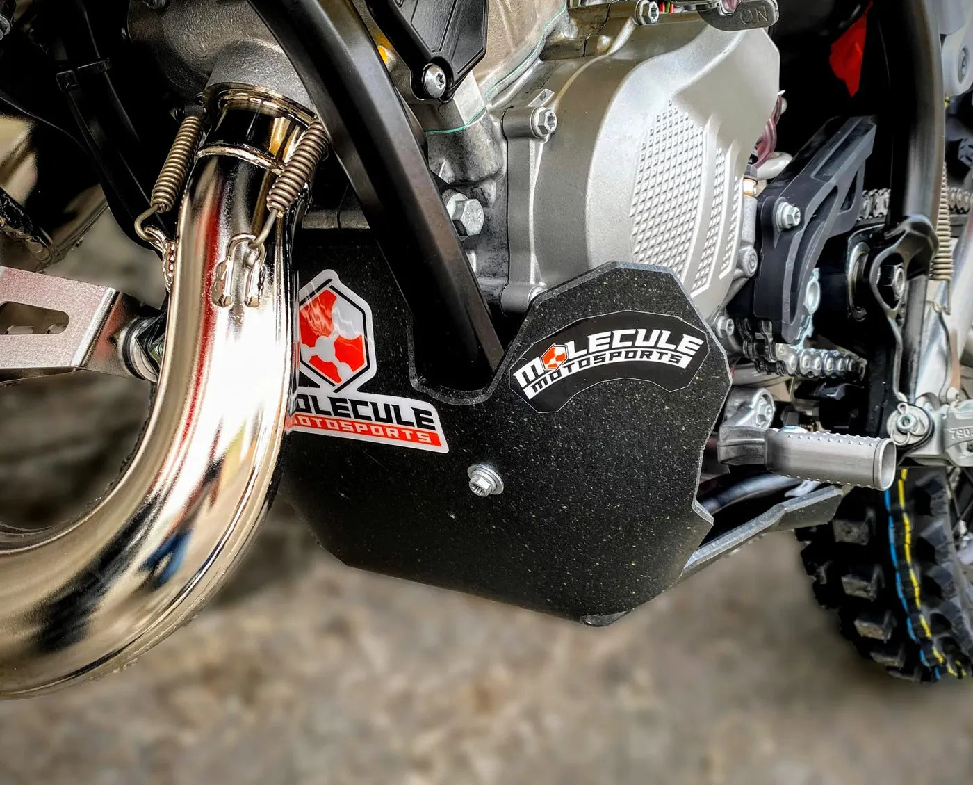 Close-up of a motorcycle engine with 'Molecule' branding on a black UHMW plastic skid plate