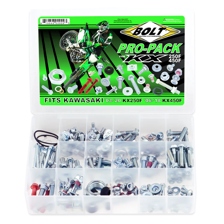 Bolt pro-pack for Kawasaki motorcycle parts in a clear organizer with green label.