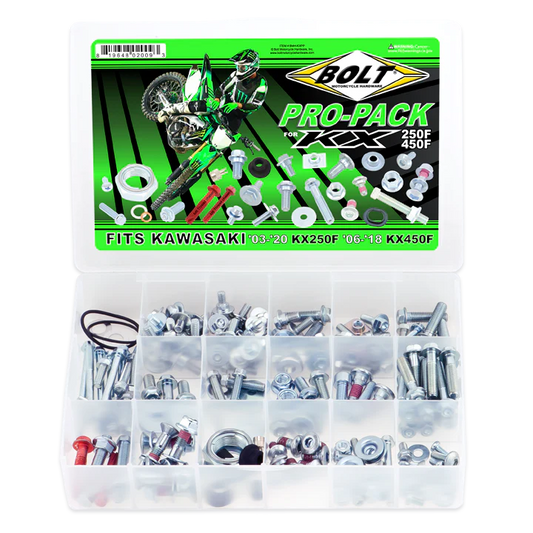 Bolt pro-pack for Kawasaki motorcycle parts in a clear organizer with green label.