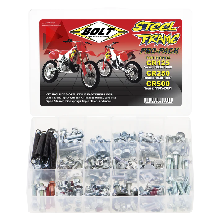 Motorcycle bolts and hardware kit in a clear plastic organizer, branded 'Bolt' on packaging.