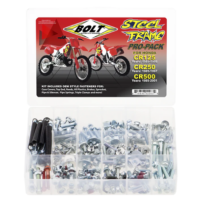 Motorcycle bolts and hardware kit in a clear plastic organizer, branded 'Bolt' on packaging.