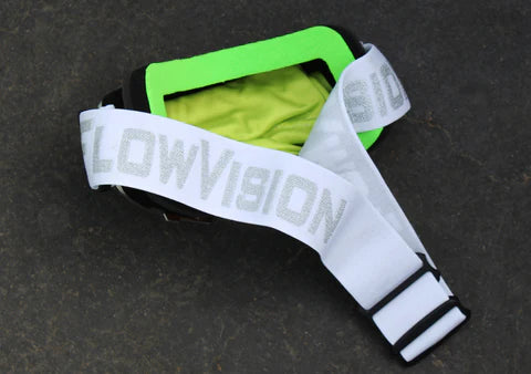 FlowVision Company motocross goggles with a white strap displaying 'FlowVision' on a dark background