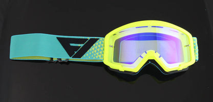 Yellow goggles with a blue strap on a black background