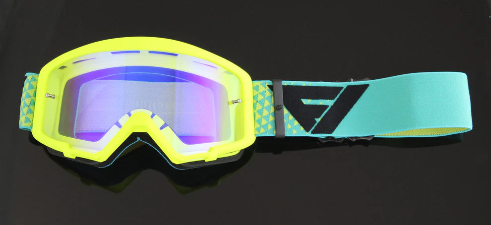 Yellow goggles with a blue strap on a black background