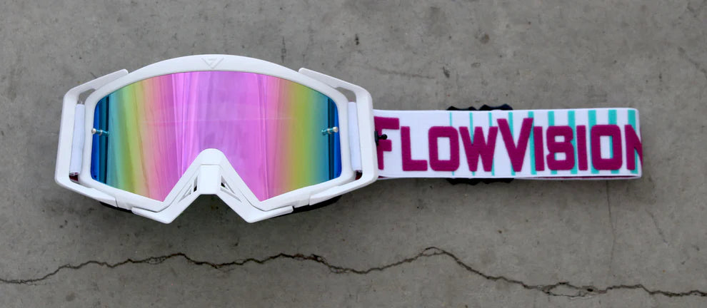 Multicolored goggles with 'FlowVision' branding on a concrete surface