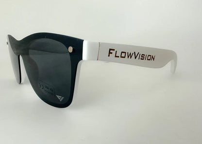 Black sunglasses with a silver frame and 'FlowVision' branding on a white background
