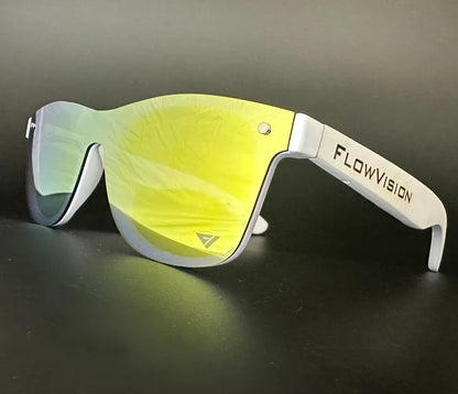 Sunglasses with yellow lenses and white frame on a dark background