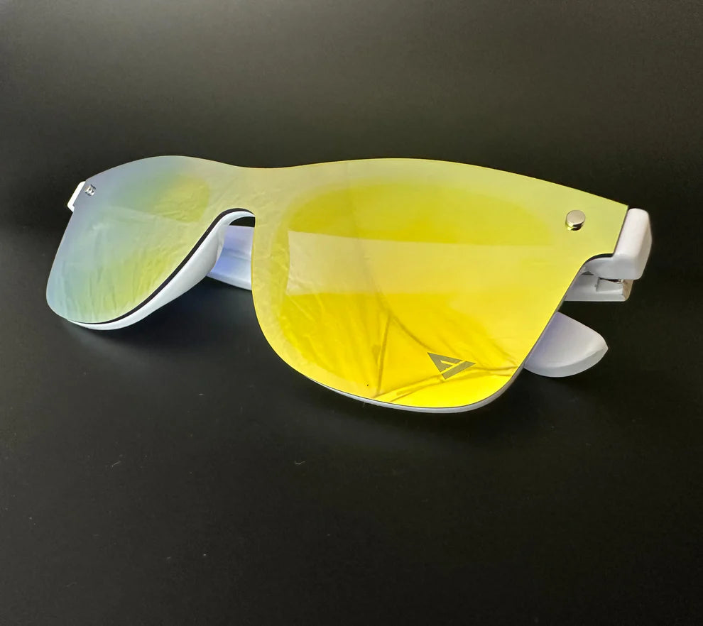 Sunglasses with yellow lens and white frame on a black background