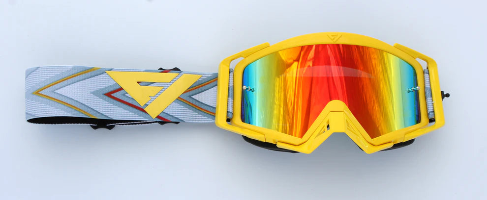 Colorful goggles with a yellow frame on a light blue background