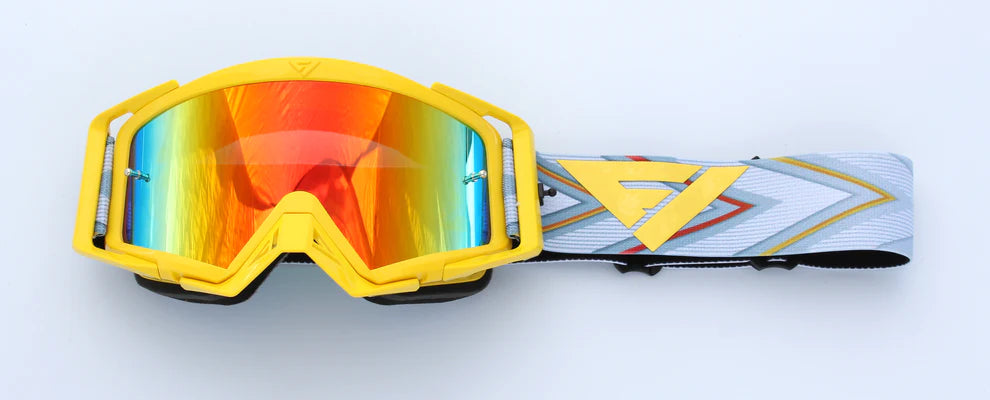 Yellow goggles with colorful lens on a white background