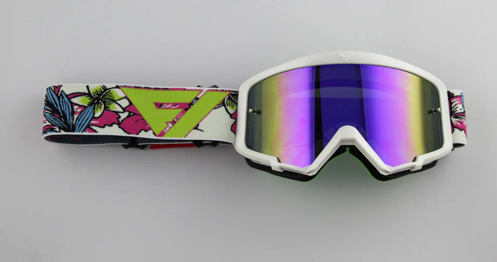 Goggles with colorful floral-patterned strap on a gray background