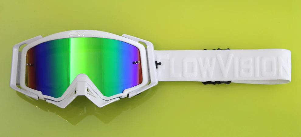 White goggles with colorful lenses on a green background