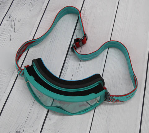 Top view of the Teal-Red youth Section Goggle by FlowVision Company