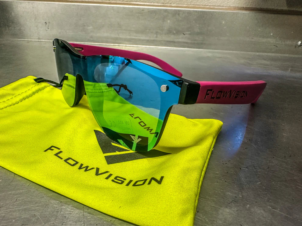 Colorful sunglasses with pink and blue lenses on a yellow FlowVision pouch against a metallic background.