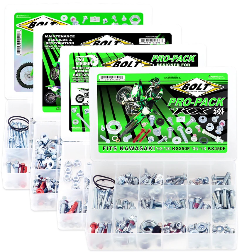 Bolt pro-pack for Kawasaki motorcycles with clear packaging displaying various screws and bolts.