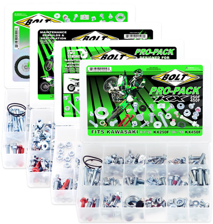 Bolt pro-pack for Kawasaki motorcycles with clear packaging displaying various screws and bolts.