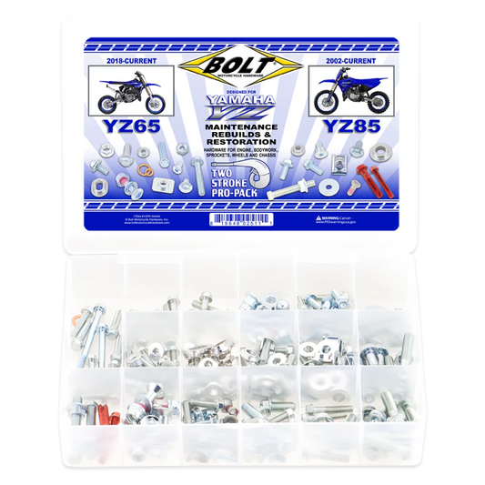 Bolt kit packaging for Yamaha YZ65 and YZ85 with visible bolts and hardware.