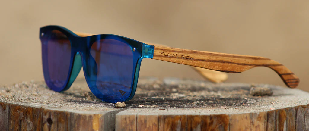 Side view of blue sunglasses by Flow Vision Co